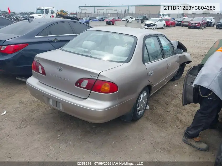 2000 Toyota Corolla Ce/Le VIN: 2T1BR12E3YC804386 Lot: 12356215