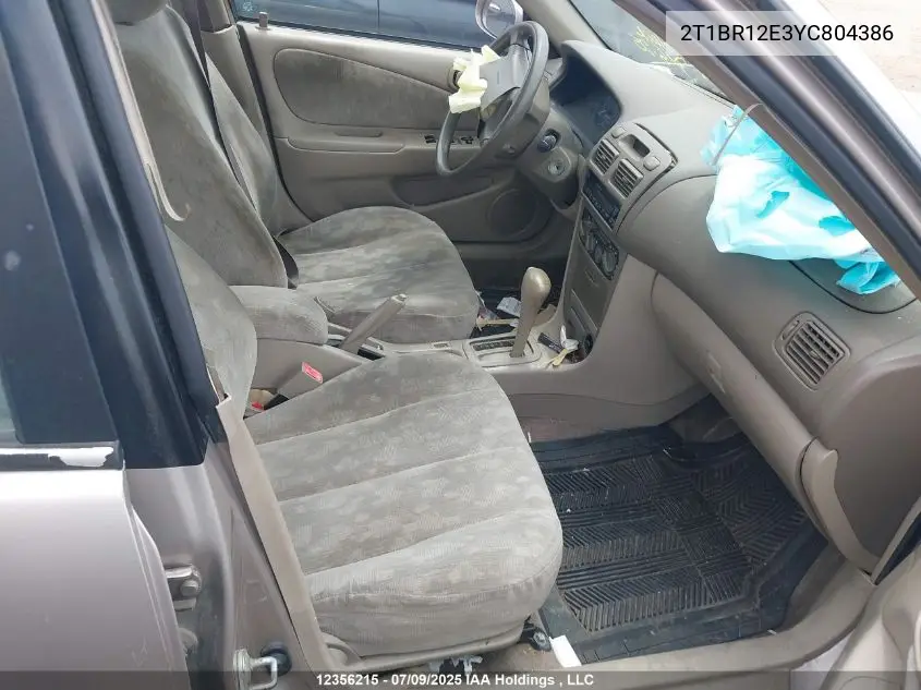 2000 Toyota Corolla Ce/Le VIN: 2T1BR12E3YC804386 Lot: 12356215