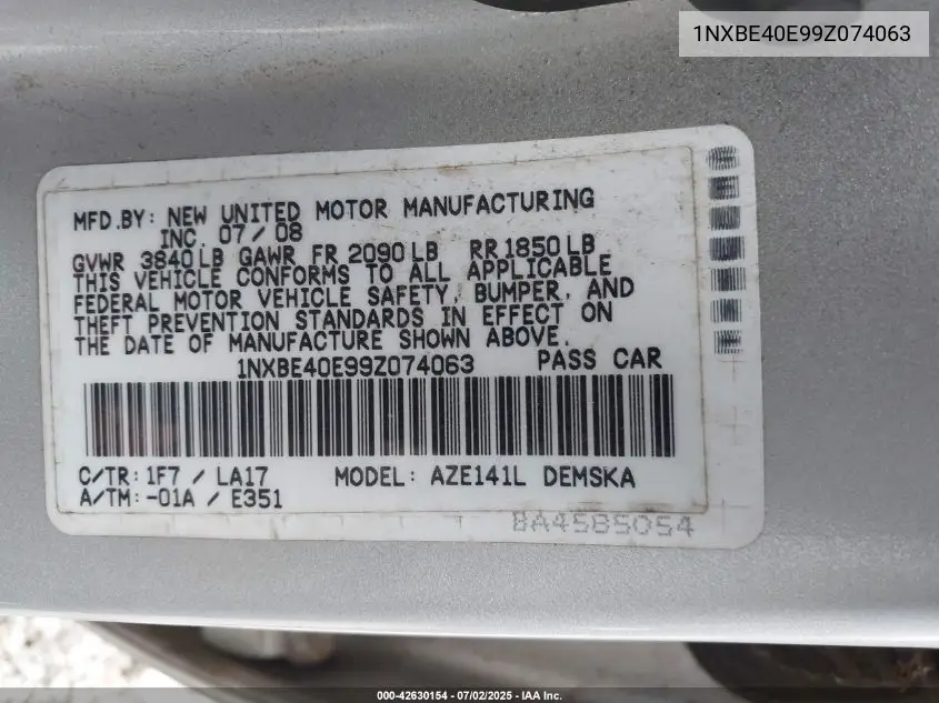2009 Toyota Corolla Xrs VIN: 1NXBE40E99Z074063 Lot: 42630154