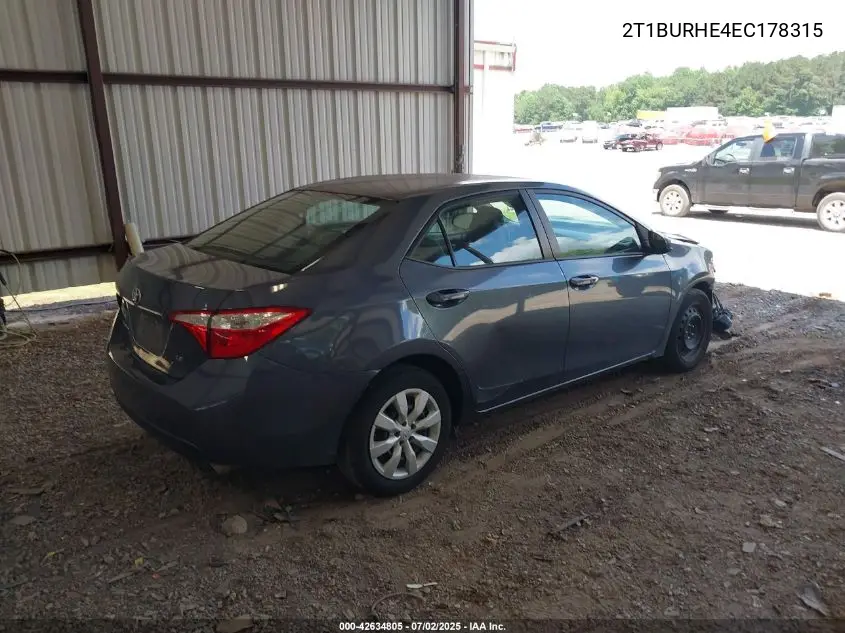 2014 Toyota Corolla Le VIN: 2T1BURHE4EC178315 Lot: 42634805