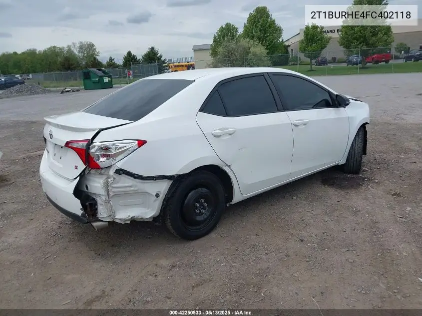 2015 Toyota Corolla S Plus VIN: 2T1BURHE4FC402118 Lot: 42250533