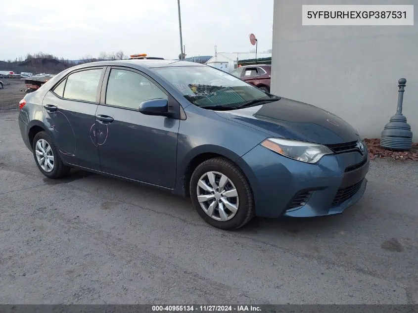 2016 Toyota Corolla Le VIN: 5YFBURHEXGP387531 Lot: 40955134