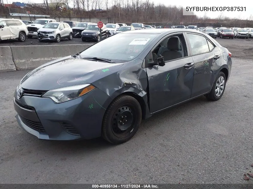 2016 Toyota Corolla Le VIN: 5YFBURHEXGP387531 Lot: 40955134