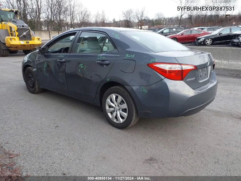 2016 Toyota Corolla Le VIN: 5YFBURHEXGP387531 Lot: 40955134