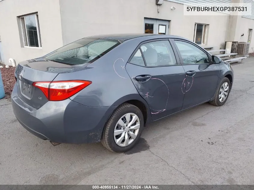 2016 Toyota Corolla Le VIN: 5YFBURHEXGP387531 Lot: 40955134