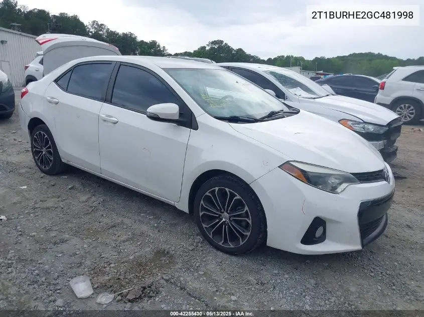 2016 Toyota Corolla S Plus VIN: 2T1BURHE2GC481998 Lot: 42255430