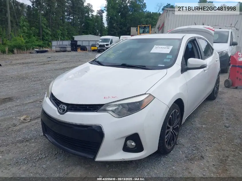 2016 Toyota Corolla S Plus VIN: 2T1BURHE2GC481998 Lot: 42255430