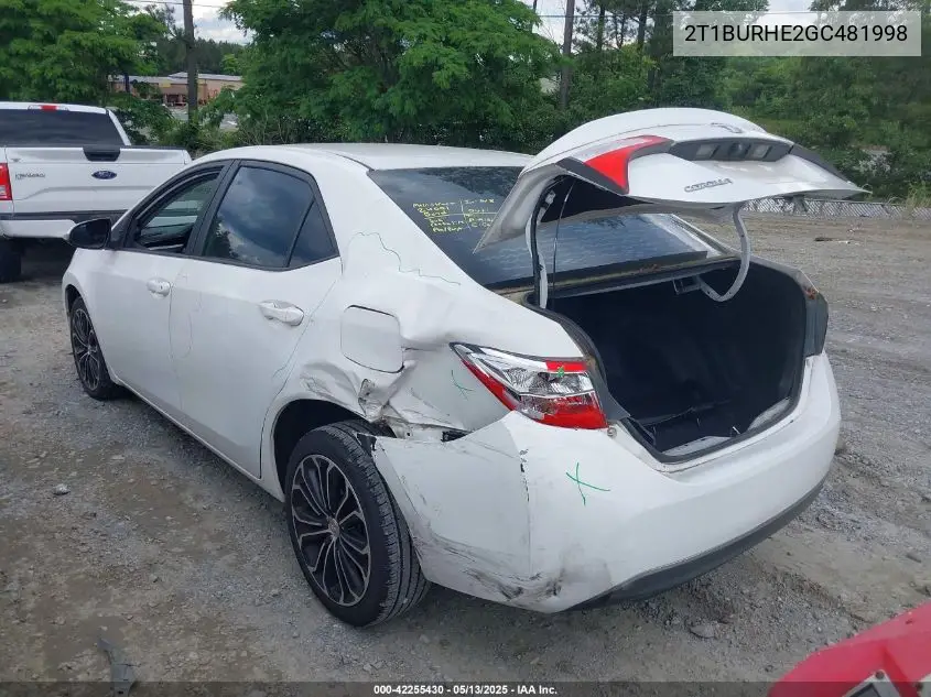 2016 Toyota Corolla S Plus VIN: 2T1BURHE2GC481998 Lot: 42255430