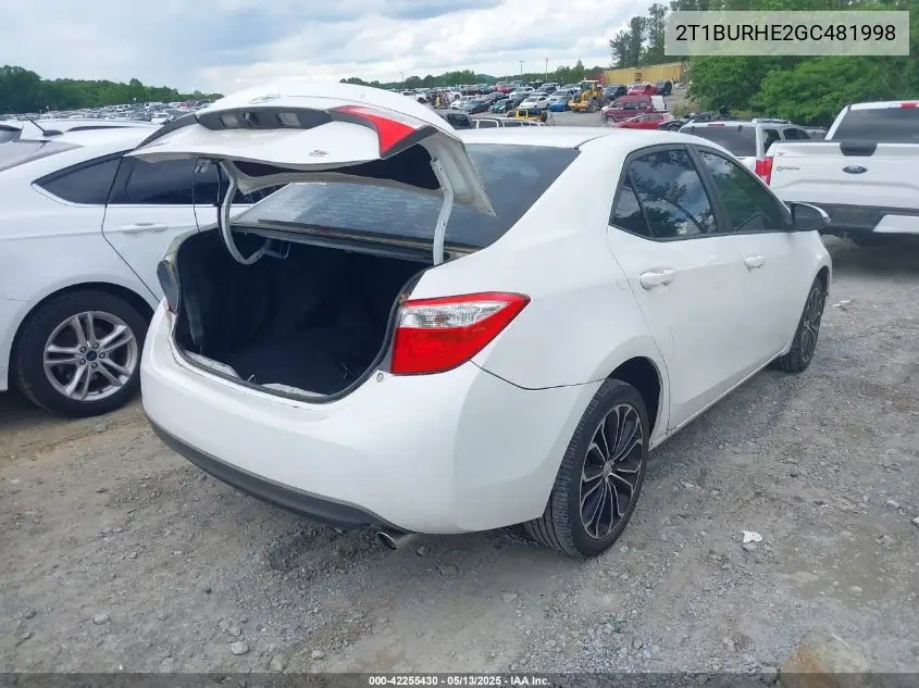 2016 Toyota Corolla S Plus VIN: 2T1BURHE2GC481998 Lot: 42255430