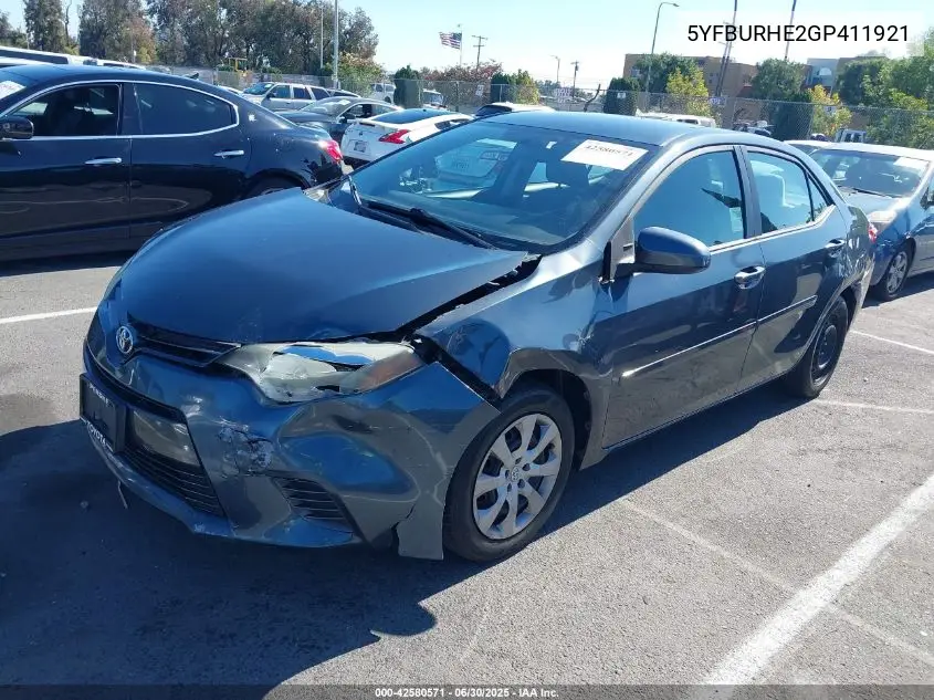 2016 Toyota Corolla Le VIN: 5YFBURHE2GP411921 Lot: 42580571