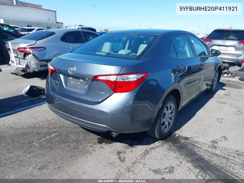 2016 Toyota Corolla Le VIN: 5YFBURHE2GP411921 Lot: 42580571
