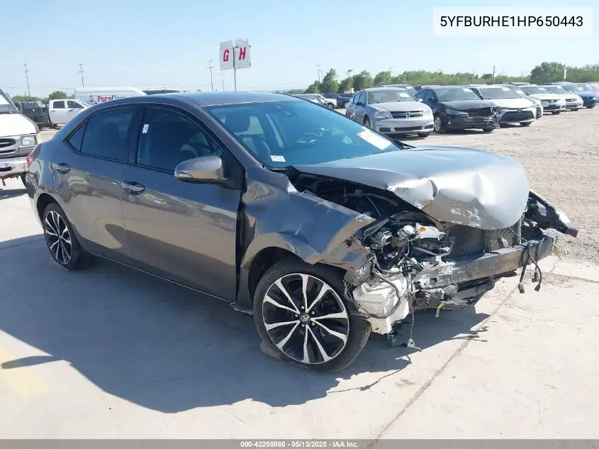 2017 Toyota Corolla Se VIN: 5YFBURHE1HP650443 Lot: 42255080