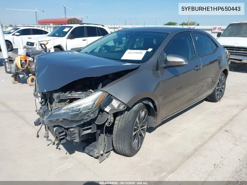 2017 Toyota Corolla Se VIN: 5YFBURHE1HP650443 Lot: 42255080