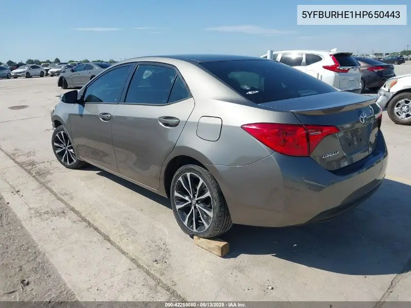 2017 Toyota Corolla Se VIN: 5YFBURHE1HP650443 Lot: 42255080