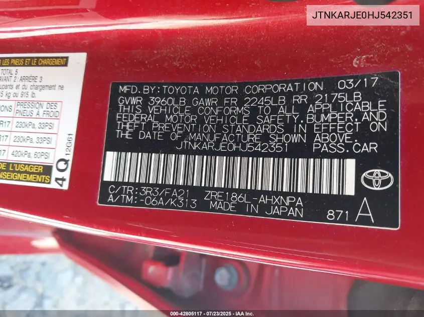 2017 Toyota Corolla Im VIN: JTNKARJE0HJ542351 Lot: 42805117