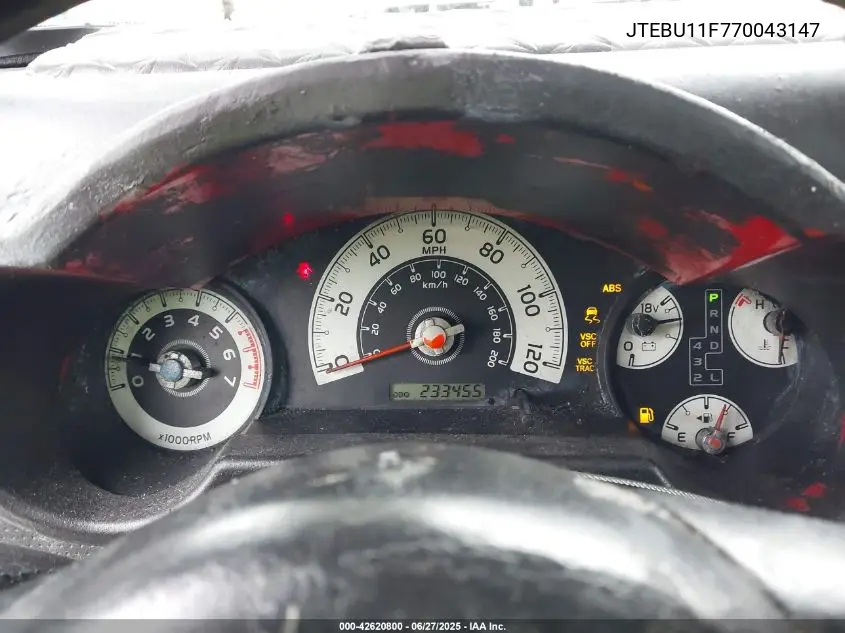 2007 Toyota Fj Cruiser VIN: JTEBU11F770043147 Lot: 42620800