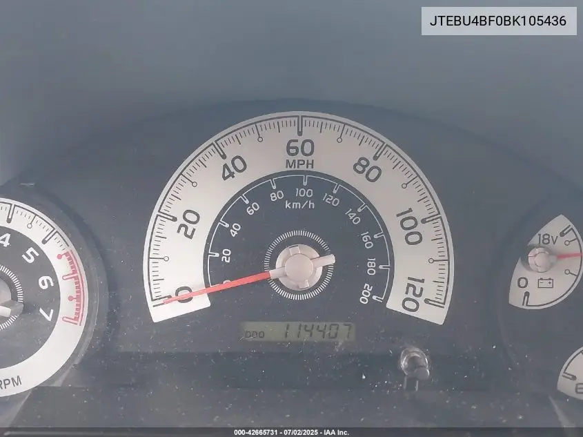 2011 Toyota Fj Cruiser VIN: JTEBU4BF0BK105436 Lot: 42665731