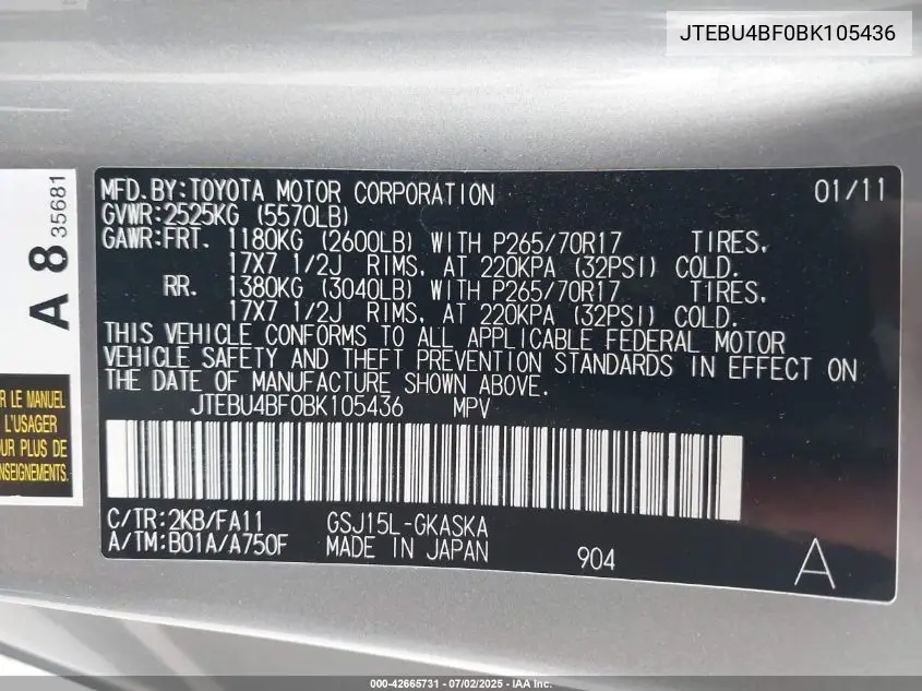 2011 Toyota Fj Cruiser VIN: JTEBU4BF0BK105436 Lot: 42665731