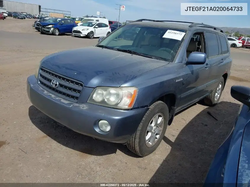 2002 Toyota Highlander Limited V6 VIN: JTEGF21A020064733 Lot: 42258372