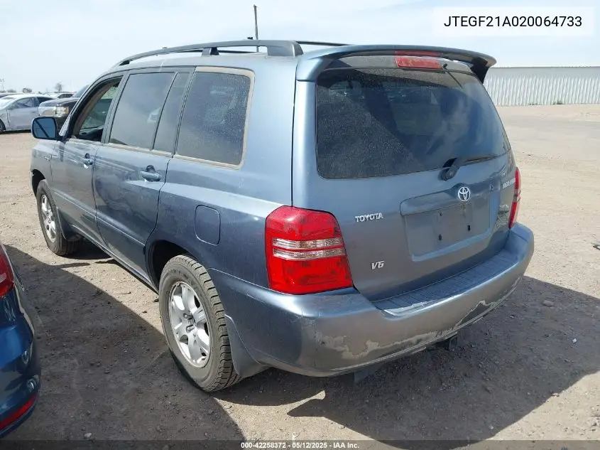 2002 Toyota Highlander Limited V6 VIN: JTEGF21A020064733 Lot: 42258372