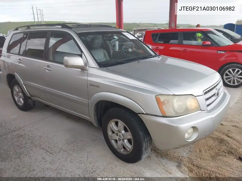 2003 Toyota Highlander Limited V6 VIN: JTEGF21A030106982 Lot: 42616138