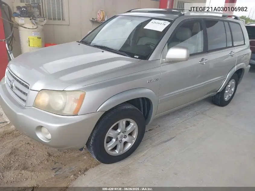 2003 Toyota Highlander Limited V6 VIN: JTEGF21A030106982 Lot: 42616138