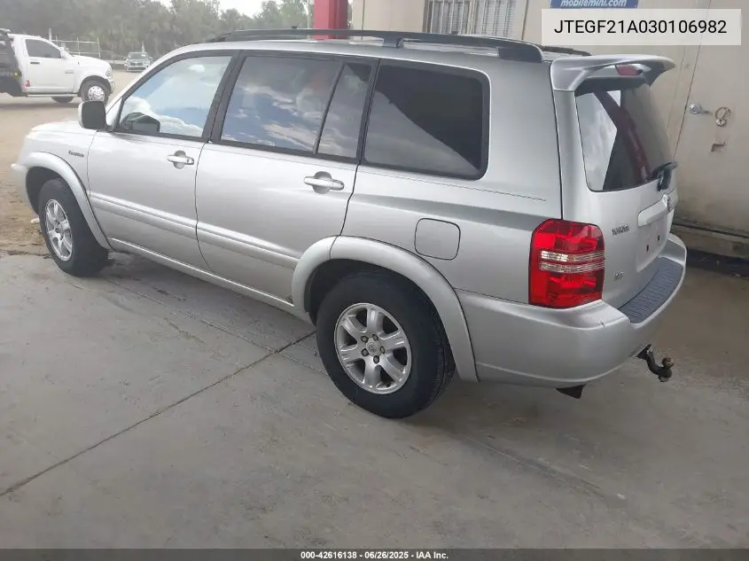 2003 Toyota Highlander Limited V6 VIN: JTEGF21A030106982 Lot: 42616138
