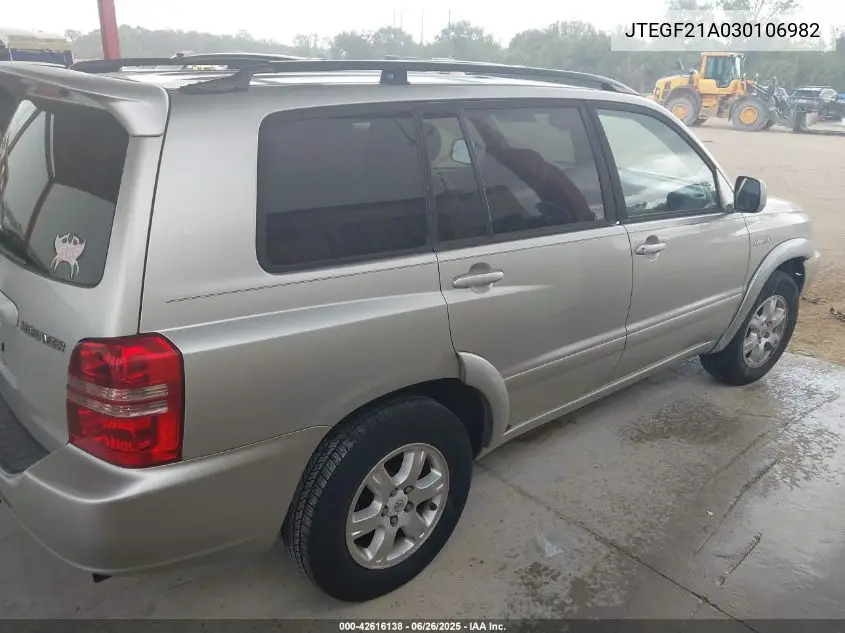 2003 Toyota Highlander Limited V6 VIN: JTEGF21A030106982 Lot: 42616138