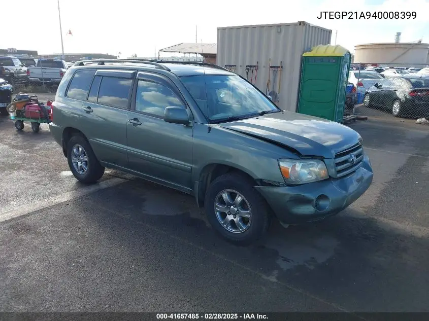 2004 Toyota Highlander Limited V6/V6/V6 W/O 3Rd Row (A5) VIN: JTEGP21A940008399 Lot: 41657485