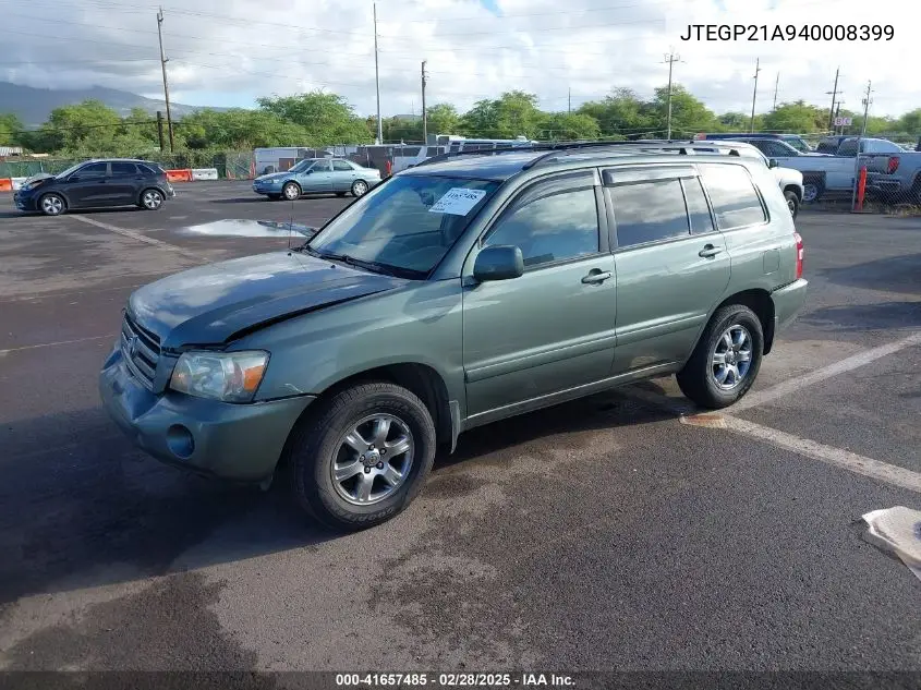 2004 Toyota Highlander Limited V6/V6/V6 W/O 3Rd Row (A5) VIN: JTEGP21A940008399 Lot: 41657485