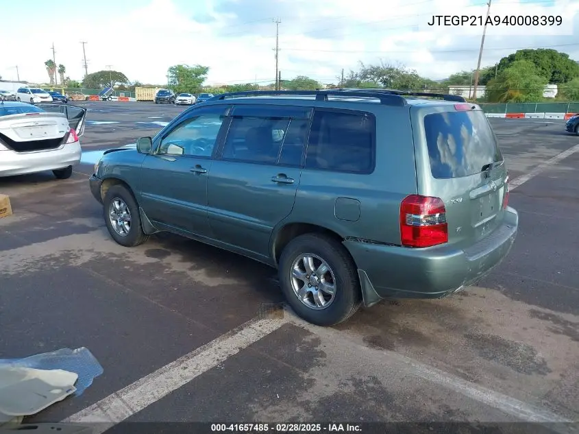 2004 Toyota Highlander Limited V6/V6/V6 W/O 3Rd Row (A5) VIN: JTEGP21A940008399 Lot: 41657485