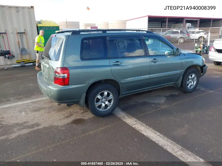 2004 Toyota Highlander Limited V6/V6/V6 W/O 3Rd Row (A5) VIN: JTEGP21A940008399 Lot: 41657485