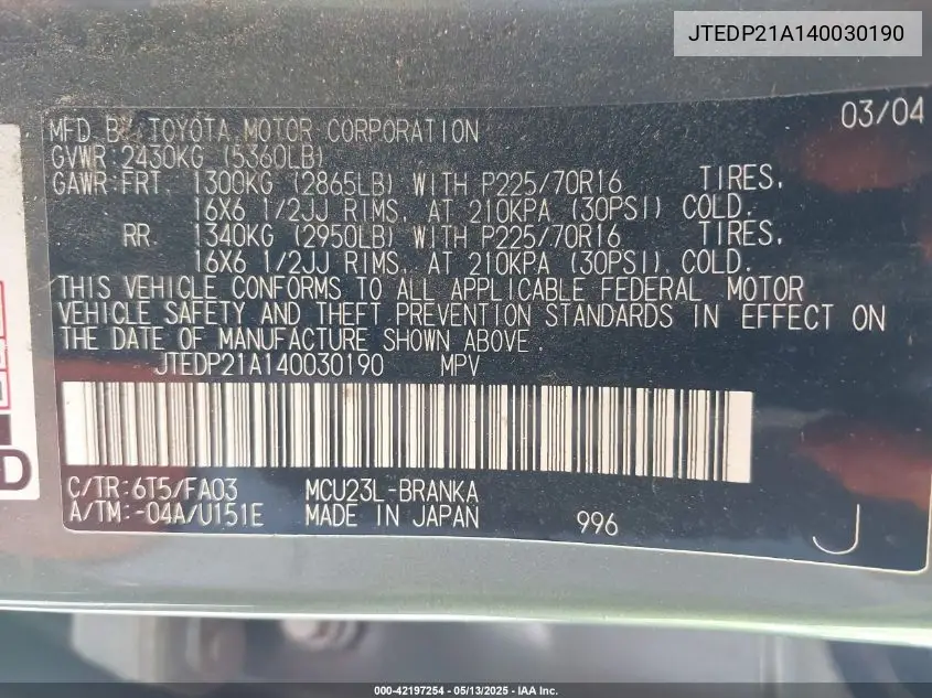 2004 Toyota Highlander V6 VIN: JTEDP21A140030190 Lot: 42197254