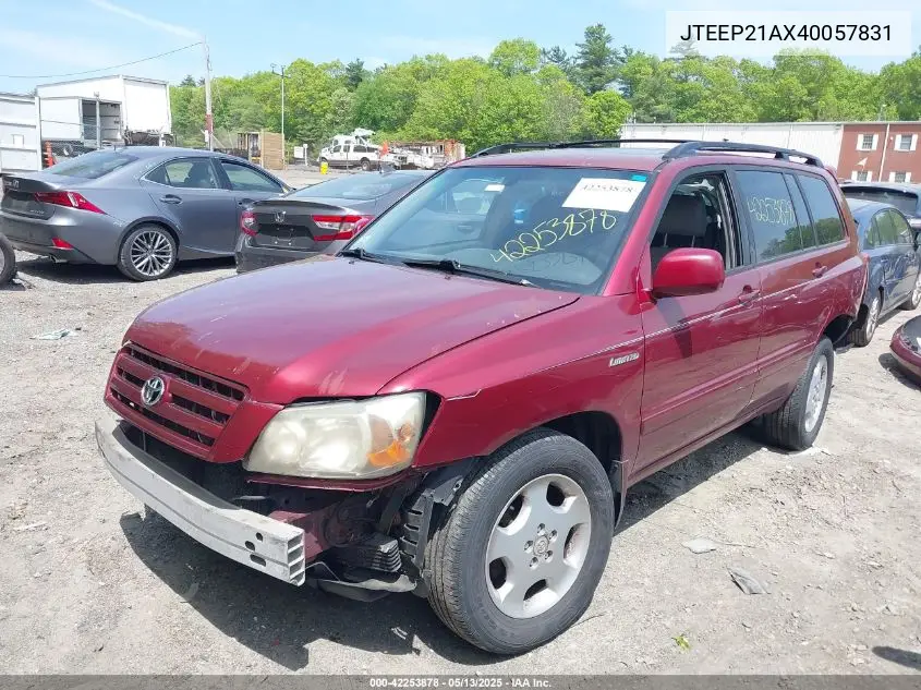 2004 Toyota Highlander Limited V6 VIN: JTEEP21AX40057831 Lot: 42253878