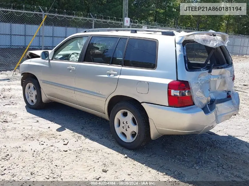 2006 Toyota Highlander Limited V6 VIN: JTEEP21A860181194 Lot: 40204384