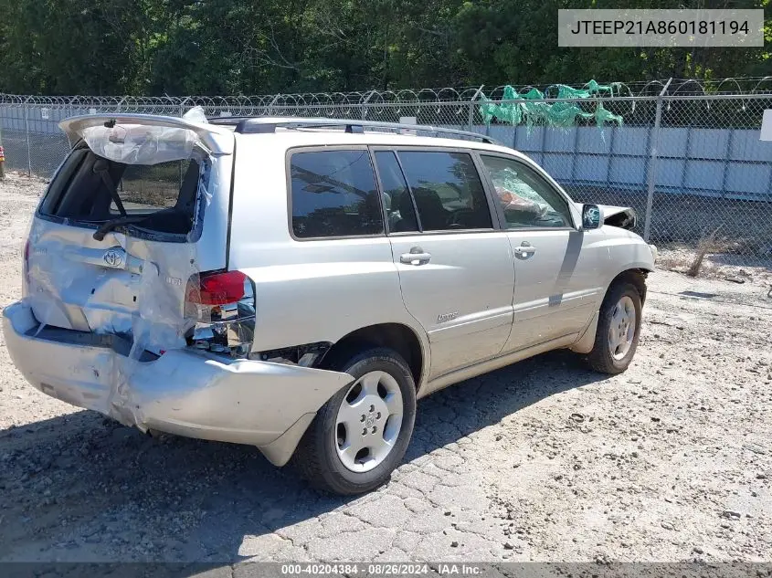 2006 Toyota Highlander Limited V6 VIN: JTEEP21A860181194 Lot: 40204384