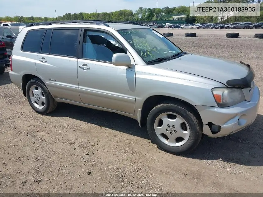 2006 Toyota Highlander Limited V6 VIN: JTEEP21A360183905 Lot: 42239385