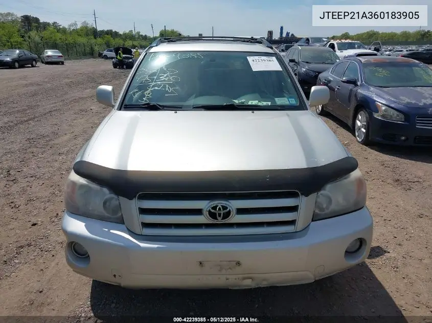 2006 Toyota Highlander Limited V6 VIN: JTEEP21A360183905 Lot: 42239385