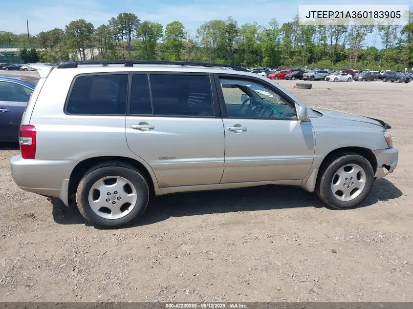2006 Toyota Highlander Limited V6 VIN: JTEEP21A360183905 Lot: 42239385
