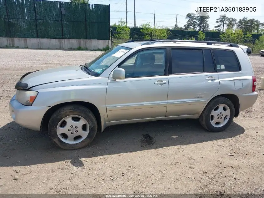 2006 Toyota Highlander Limited V6 VIN: JTEEP21A360183905 Lot: 42239385