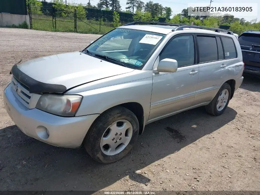 2006 Toyota Highlander Limited V6 VIN: JTEEP21A360183905 Lot: 42239385