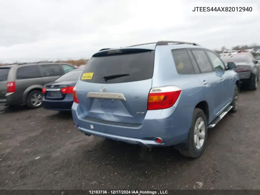 2008 Toyota Highlander V6 Sr5 VIN: JTEES44AX82012940 Lot: 12183736