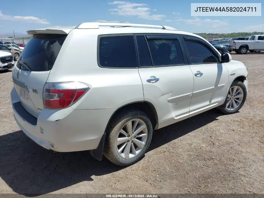 2008 Toyota Highlander Hybrid Limited VIN: JTEEW44A582024711 Lot: 42236836