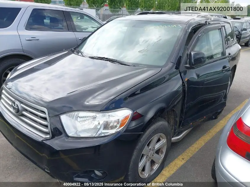 2009 Toyota Highlander VIN: JTEDA41AX92001800 Lot: 40004922