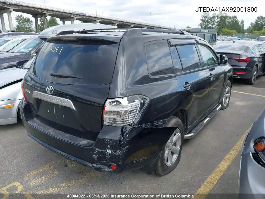2009 Toyota Highlander VIN: JTEDA41AX92001800 Lot: 40004922