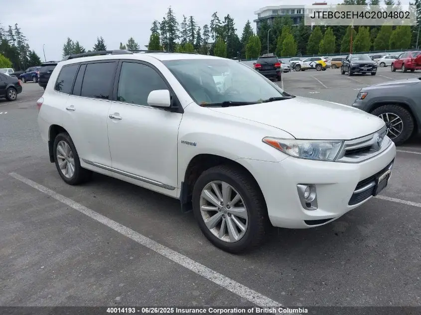 2012 Toyota Highlander Hybrid Hybrid VIN: JTEBC3EH4C2004802 Lot: 40014193