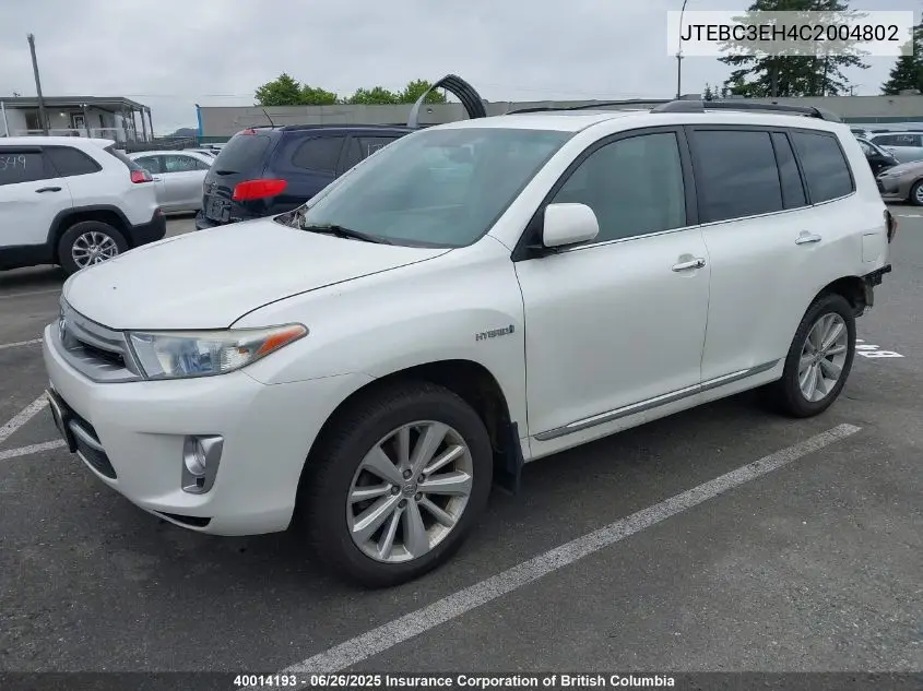 2012 Toyota Highlander Hybrid Hybrid VIN: JTEBC3EH4C2004802 Lot: 40014193