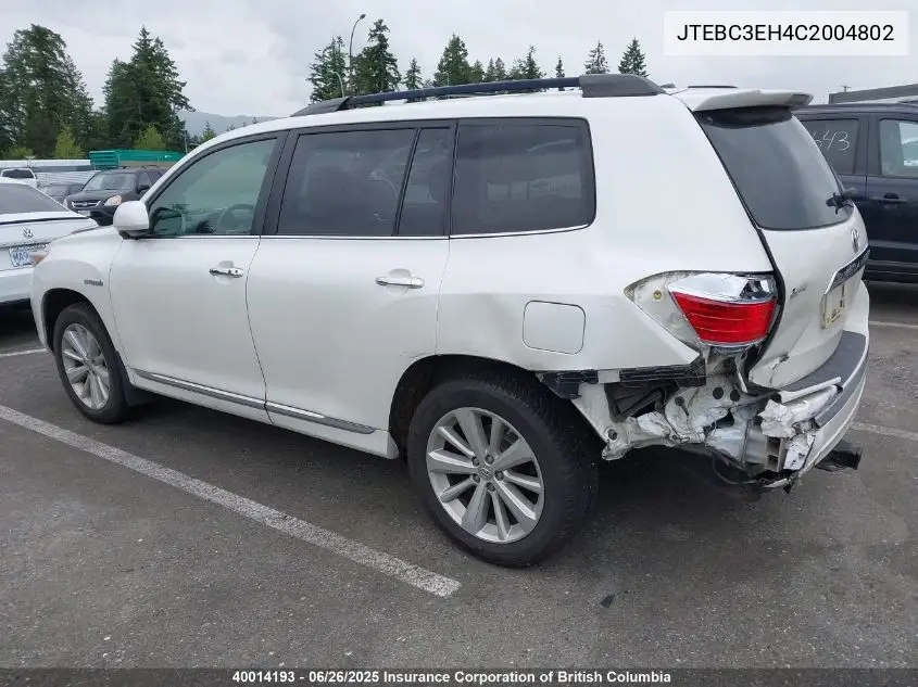 2012 Toyota Highlander Hybrid Hybrid VIN: JTEBC3EH4C2004802 Lot: 40014193