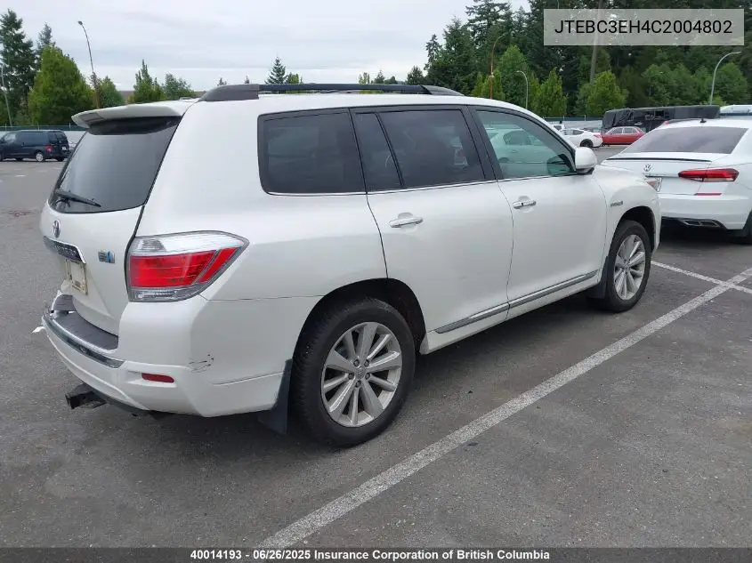 2012 Toyota Highlander Hybrid Hybrid VIN: JTEBC3EH4C2004802 Lot: 40014193