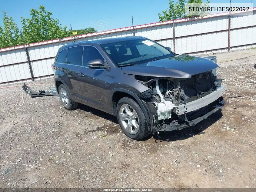 2014 Toyota Highlander Limited Platinum V6 VIN: 5TDYKRFH3ES022092 Lot: 42254174